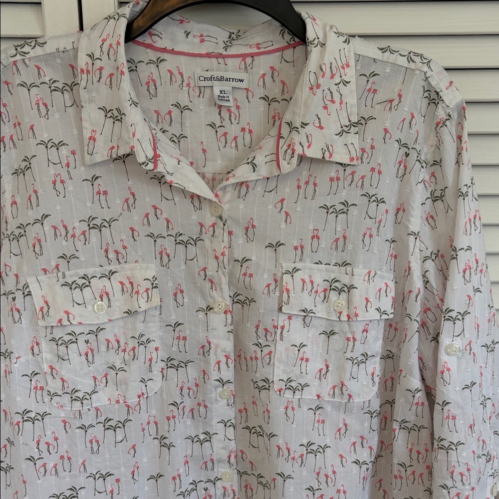 Croft & Barrow XL Women's White Pink Flamingo Palm Tree Embroidered Botton Down